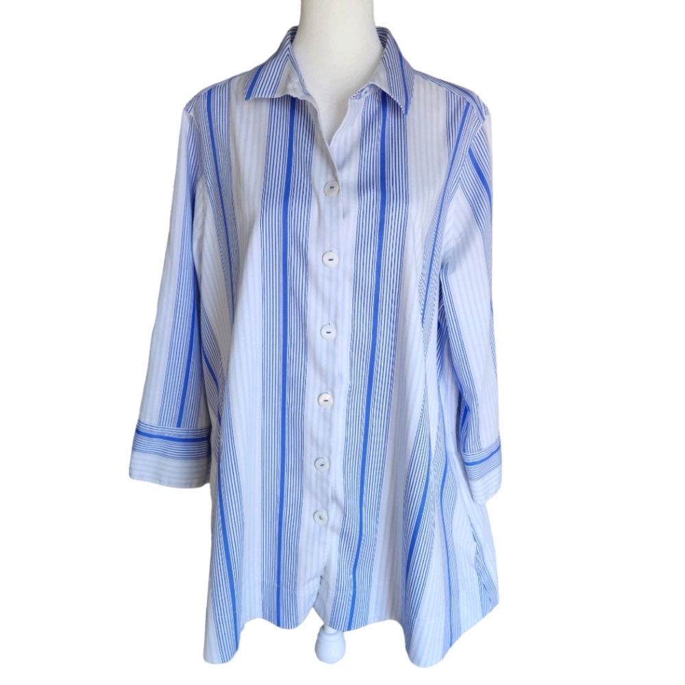Foxcroft Blue White Striped Button Up Tunic Blouse 3/4 Sleeves 14 Large